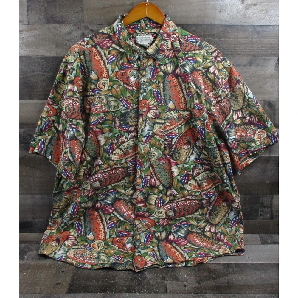 Vintage Banana Republic Shirt Mens XL Fish Print Safari Travel Short Sleeve 90s